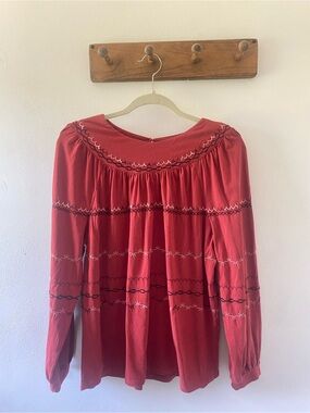 Garnet Hill Boho Embroidered Red Peasant Top, S
